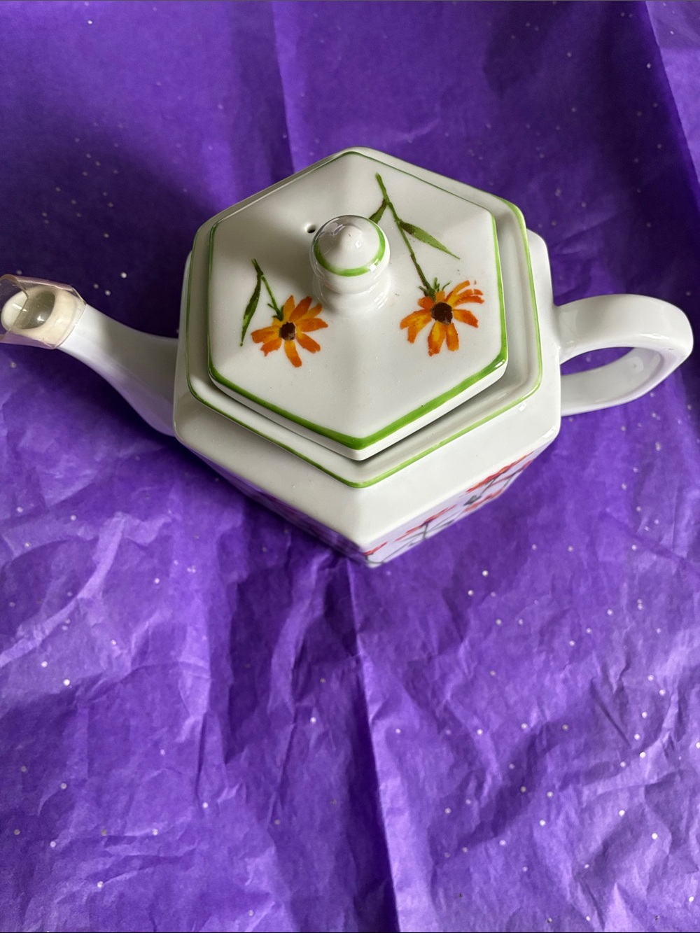 Vintage White Hexagonal Porcelain Teapot with Floral design